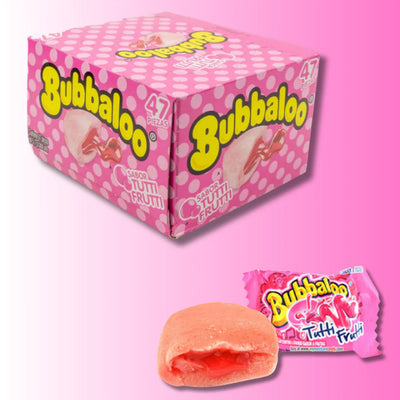 Box of Bubbaloo candy with a single pink candy on a pink background