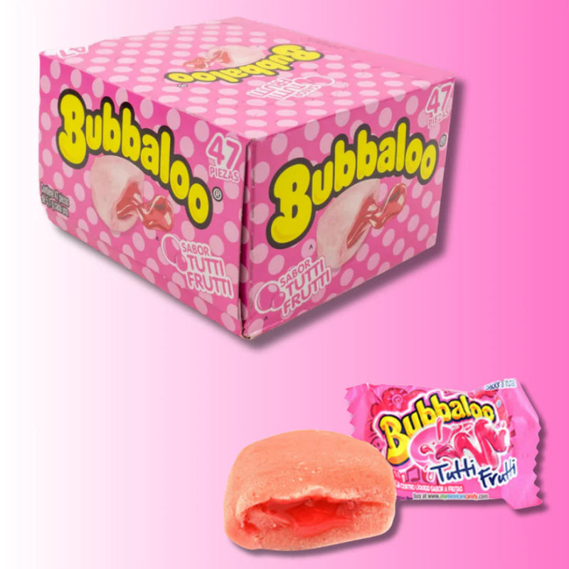 Box of Bubbaloo candy with a single pink candy on a pink background