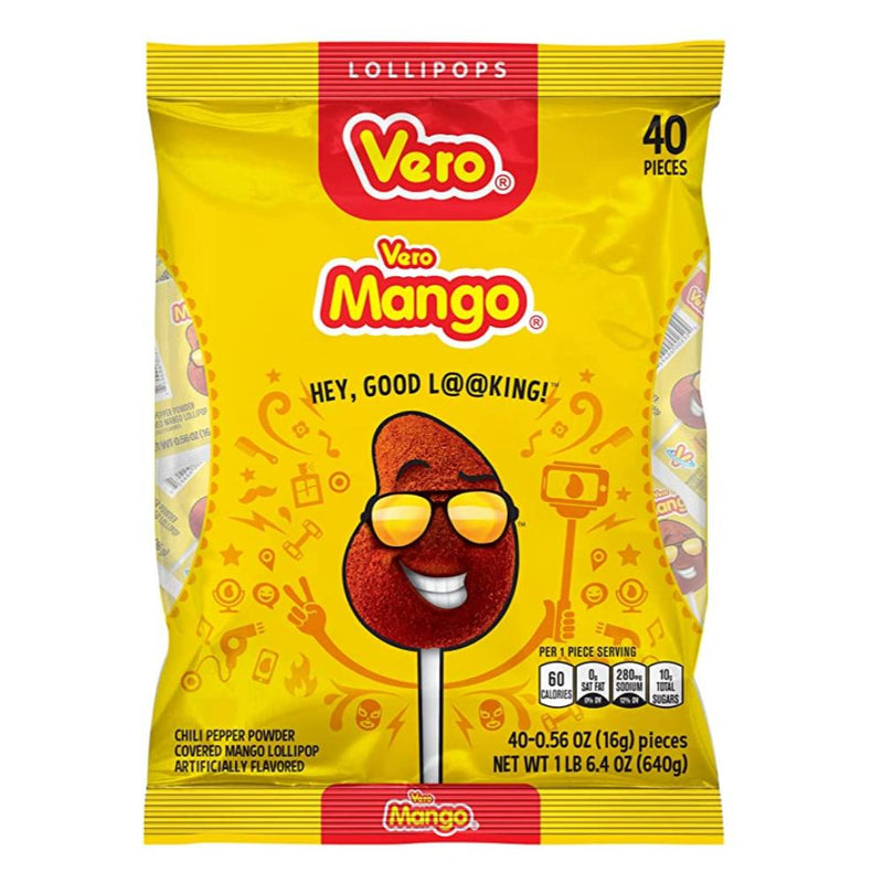 Vero Mango w/ Chili Lollipop Bag 40pc - Mexican Candy Store by Mexicrate